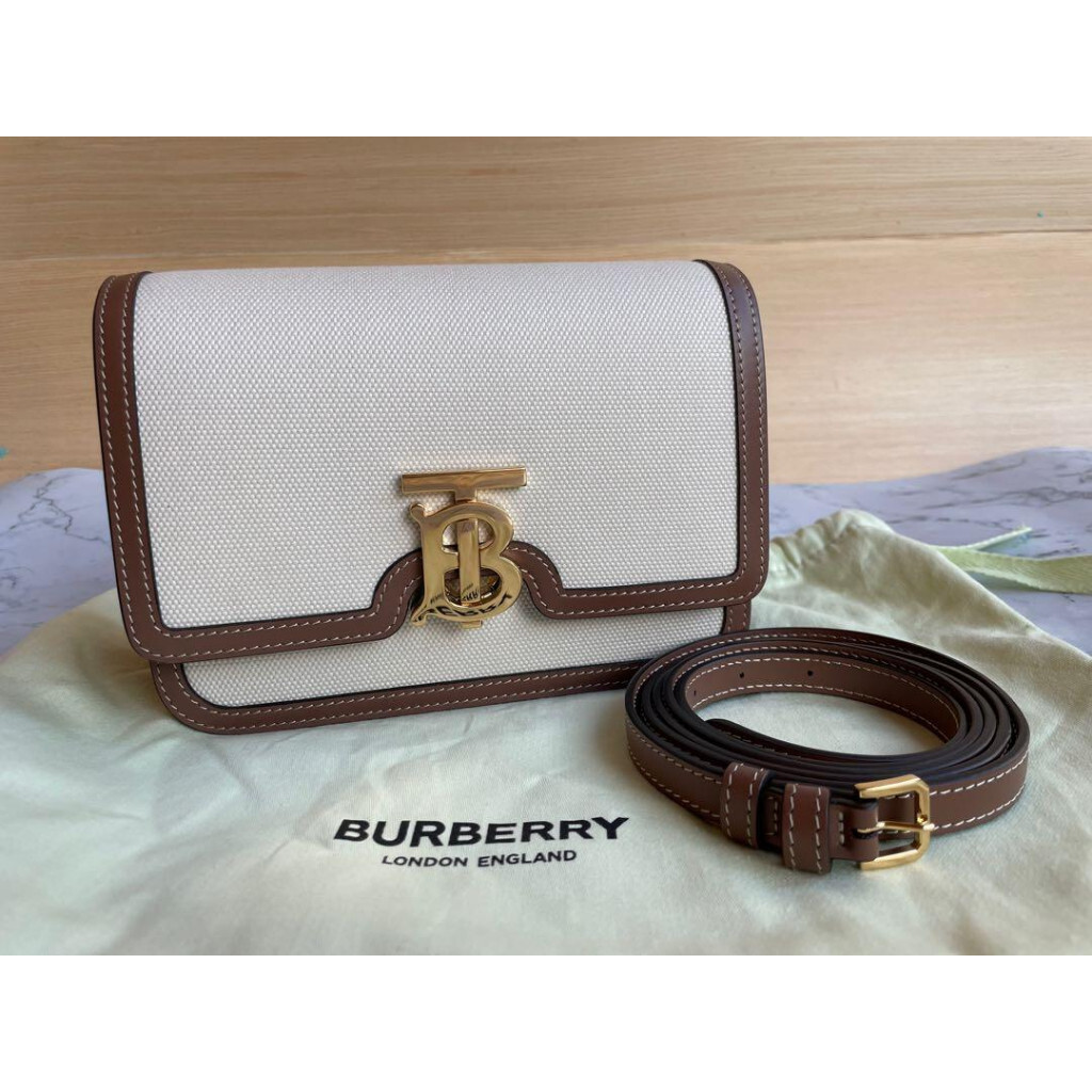 精品 BURBERRY 博柏利 TB專屬標識鎖扣 白色帆布拼皮 小號 單肩包 斜背包 郵差包 803936