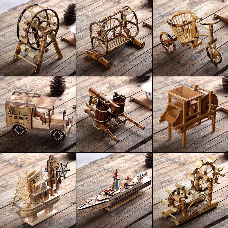 竹木工藝品擺件兒童玩具創意田園風桌面風車水車仿真模型家具擺設