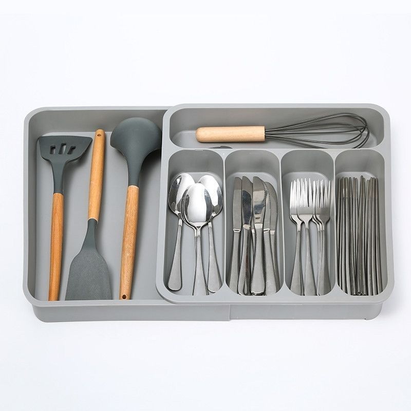 新款 五格餐具收納盒可整理可伸縮 廚房抽屜式收納分隔刀叉筷勺盒