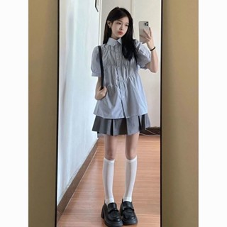 少女風衣服 學院風套裝 夏季新款小個子短袖Polo領襯衫高腰百褶短裙子