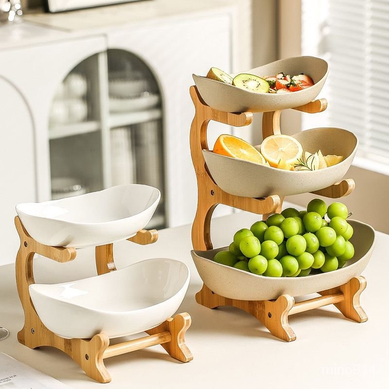 創意三層多層水果盤歐式陶瓷幹果盤竹木架傢用零食盤糖果託盤果籃