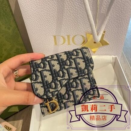 凱莉二手 Dior 迪奧 SADDLE 刺繡老花馬鞍三折錢包 卡包 短夾 零錢包 皮夾 錢夾 S5652CTZQ