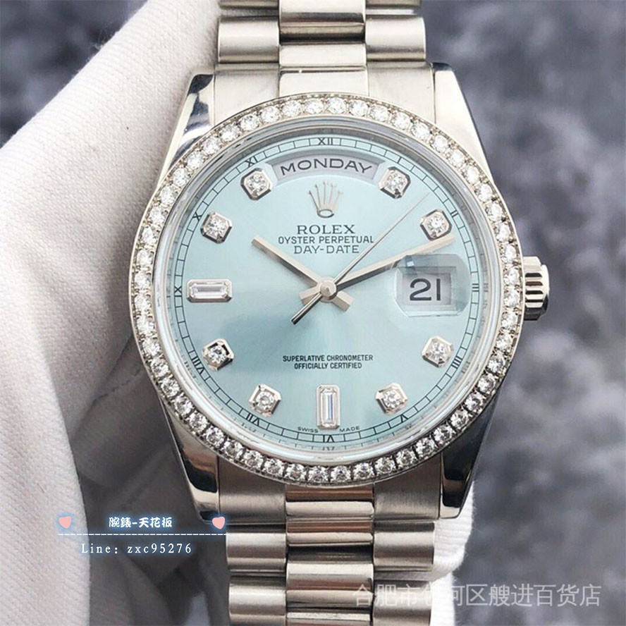 勞力士 Rolex DD星期日曆型系列118346冰藍盤原鑲鑽自動機械手腕錶 潮流 時尚 休閒 商務 經典 手腕錶