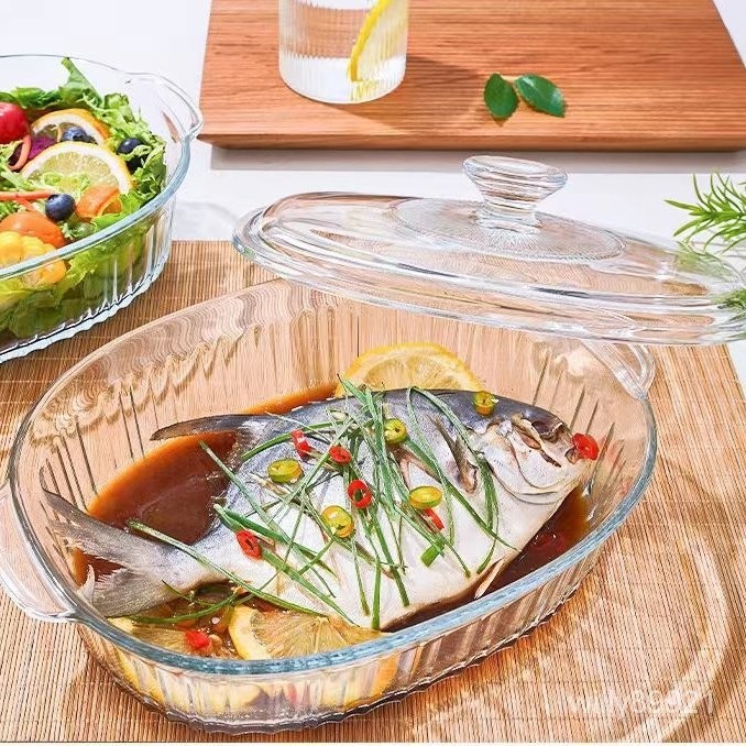 臺灣優選高硼硅玻璃大號魚盤烤盤微波爐烤箱盤沙拉碗湯碗蒸魚盤耐熱雙耳