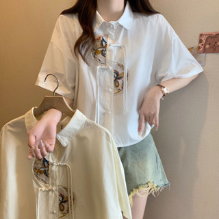 新中式女裝國風襯衫夏季純色設計感盤扣刺繡碎花Polo領短袖襯衣