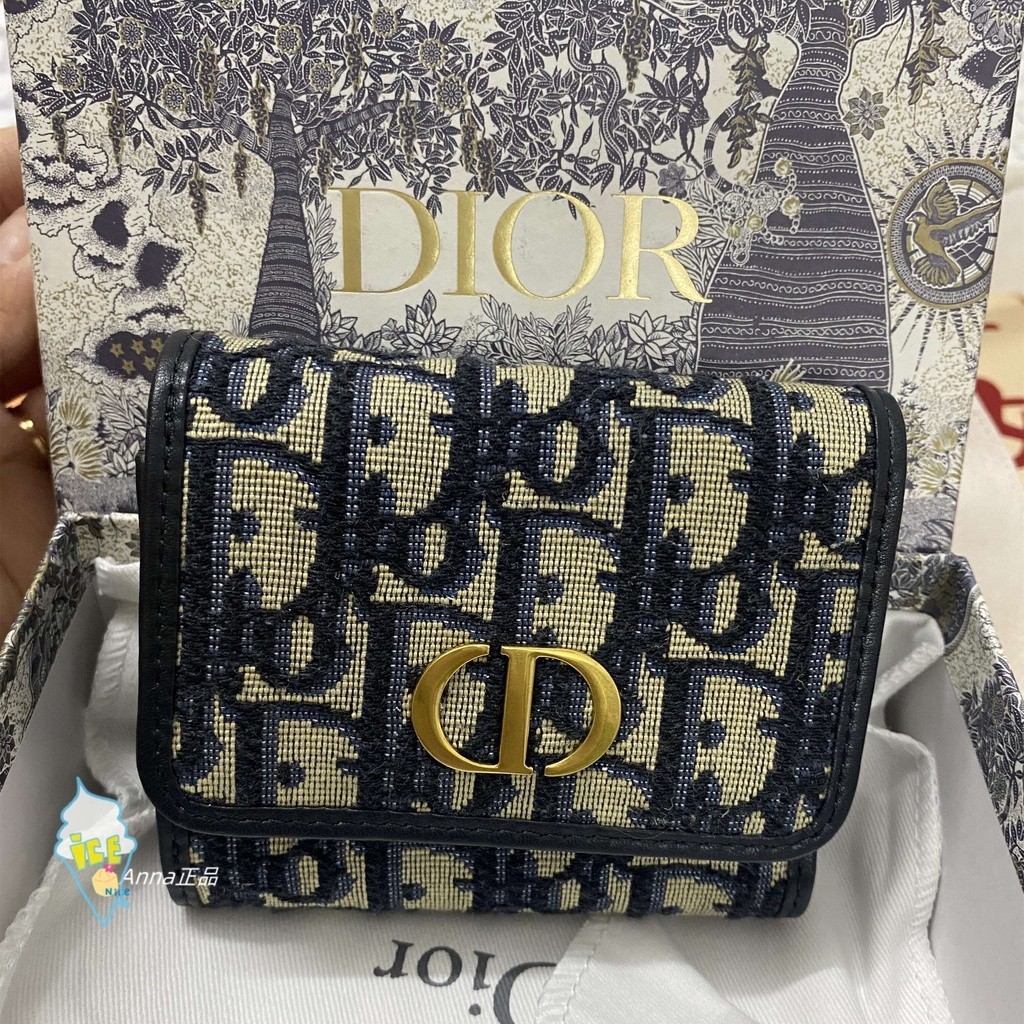 二手免運 Dior Oblique 30 MONTAIGNE LOTUS 錢包 提花 三折短夾 零錢包 卡包皮夾
