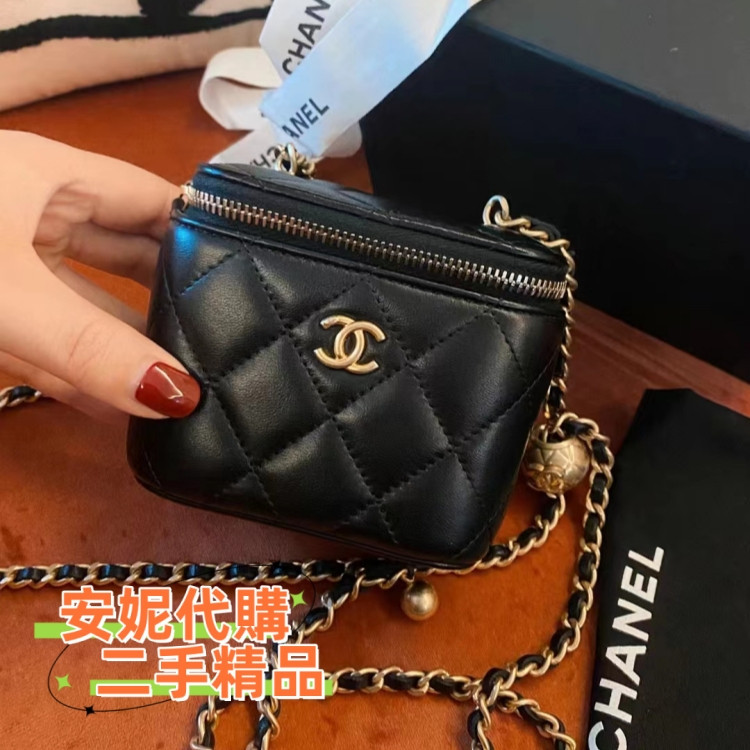 現貨二手 CHANEL 香奈兒 黑色羊皮 小金球 MINI 鏈條包 盒子包/化妝包/斜背包/單肩包/零錢包AP1447