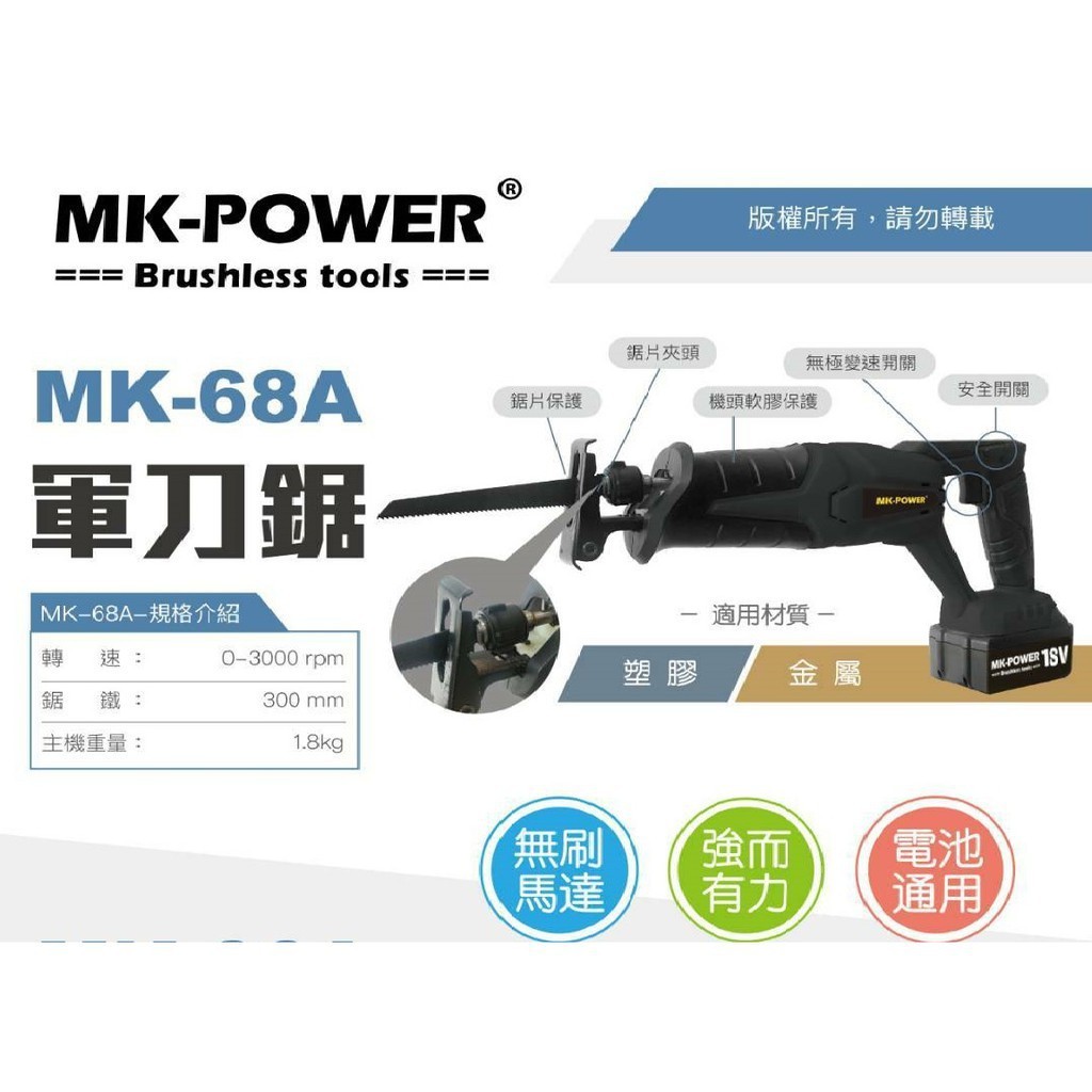 【台灣工具】MK-POWER無刷18V軍刀鋸可直上牧田18V電池 馬刀鋸 往復鋸 線鋸機 DIY
