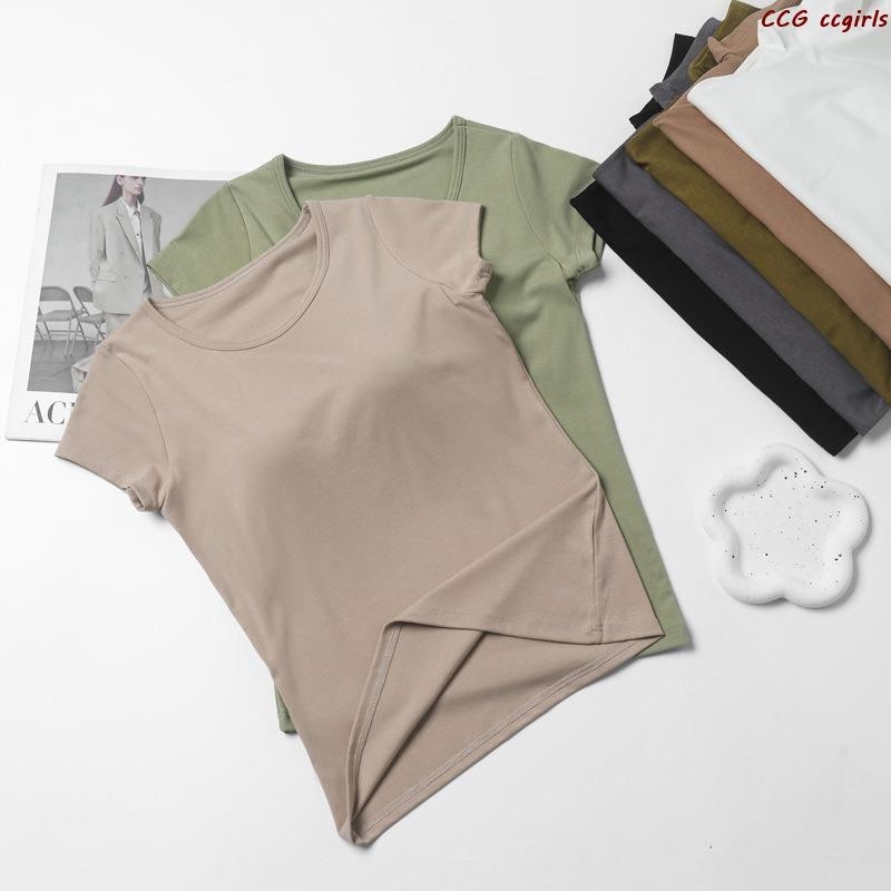 CCG夏日新品❤女人2 in 1 Bra Top帶胸墊短袖 運動短袖T恤緊身圓領罩杯一件式式素色短袖