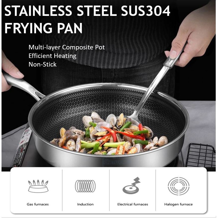 304 Stainless Steel Egg Cooking Frying Pan Non-Stick Wok Coo