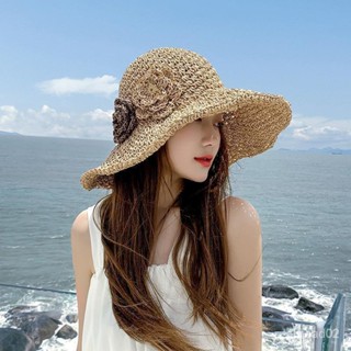 今日爆殺🌈草帽女夏季沙灘帽子花朵可折疊防曬大簷海邊時尚度假太陽帽遮陽帽 DECF