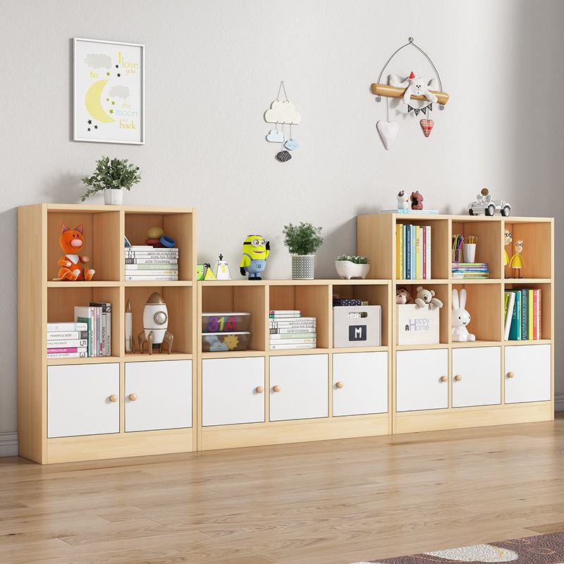 實木書櫃收納櫃一體自由組閤格子櫃帶門兒童簡約鬆木矮書架置物架