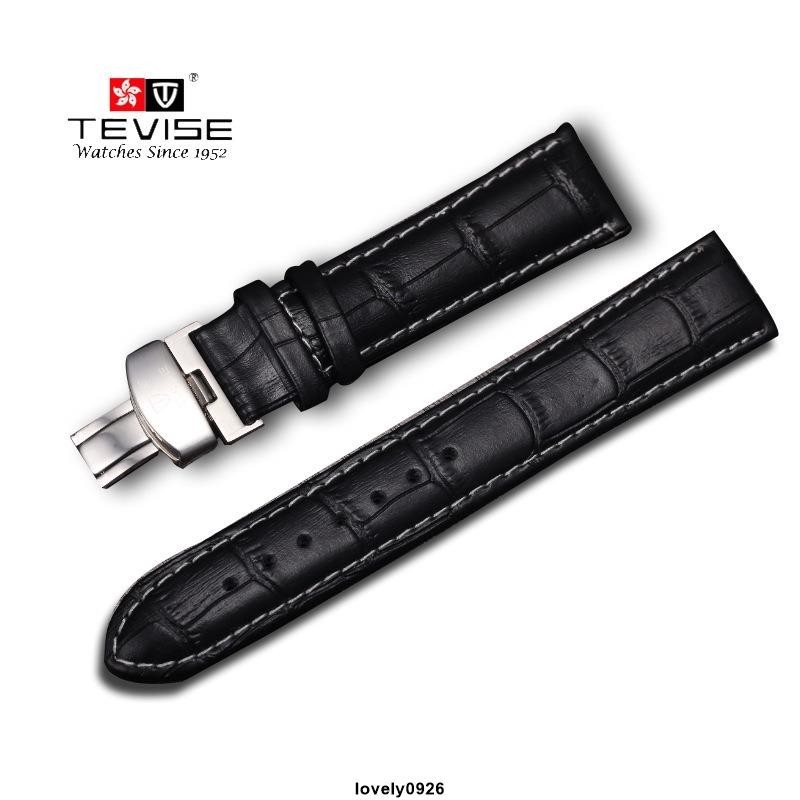 【新貨熱賣】Tevise/特威斯正品手錶帶 平頭通用竹節紋真皮錶帶 蝴蝶扣針扣可選 帶LOGO 20mm 22mm