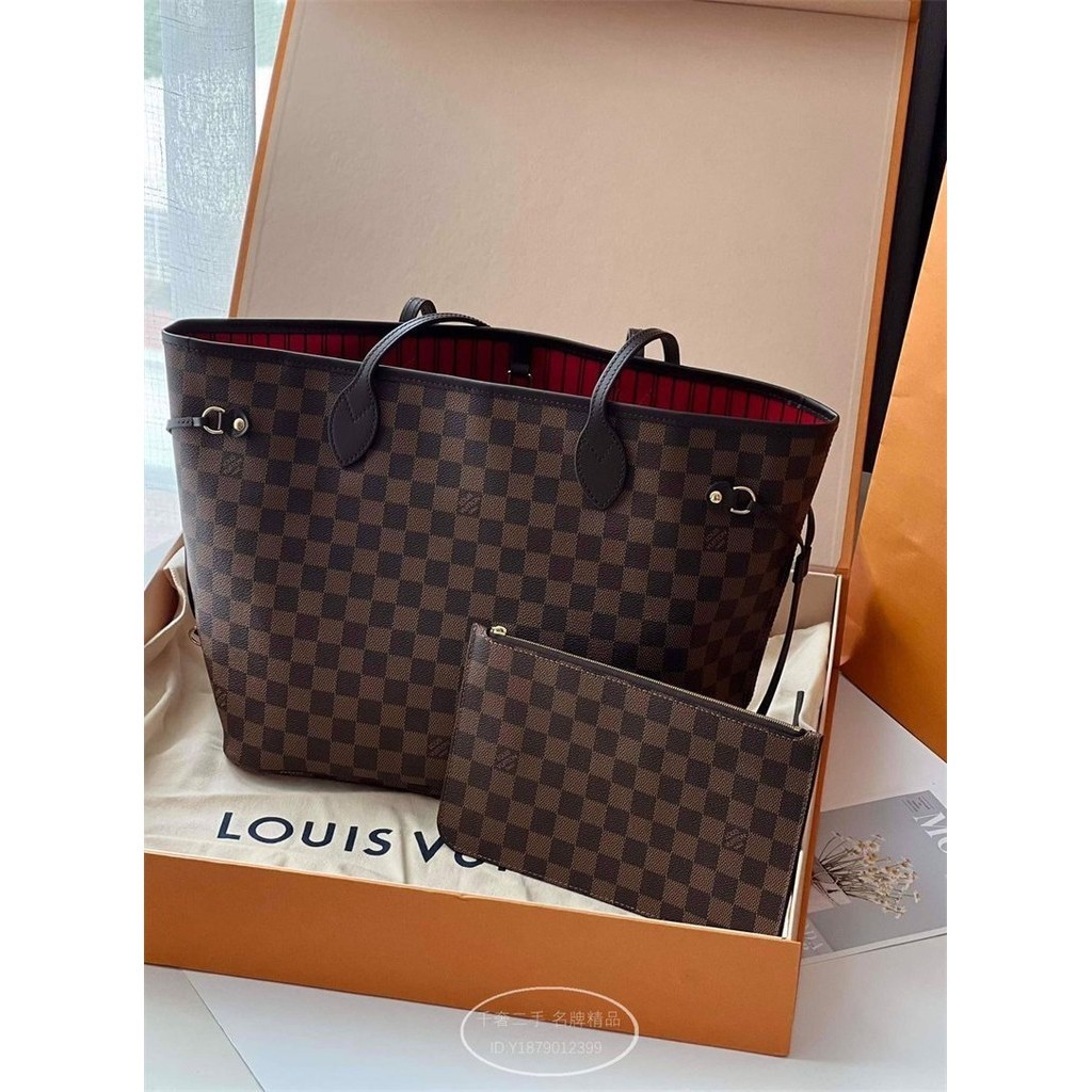 二手折扣 LV 路易威登 NEVERFULL MM 棋盤格 紅色 中號 子母袋 購物包 N41358