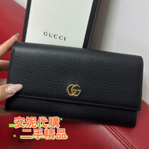 義大利製二手GUCCI 古馳 GG Marmont 系列 長夾 短夾 雙折錢包 零錢包 手拿包 黑色荔枝紋 456116