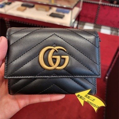 SG二手-GUCCI古馳 474802 GG Marmont Wallet 黑色絎縫 三折短夾/錢包/皮夾/卡夾