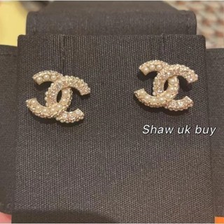 現貨 Shaw英國二手 Chanel 香奈兒 新款22b 珍珠拼鑽 雙C 耳釘 耳環 水鑽 金色 時尚耳環 珍珠耳環