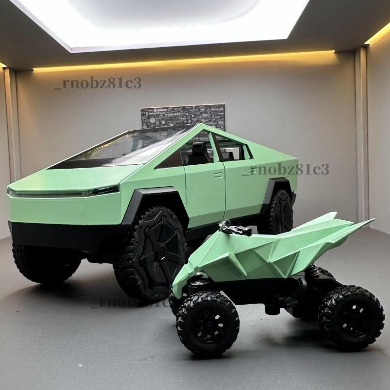 優品🚐特斯拉模型車 1：24 Cybereruck 賽博 皮卡模型車 回力 聲光 越野車 合金玩具車 帶小摩托 擺件