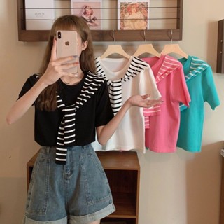 白色短袖T恤女ins潮韓版寬鬆學院風披肩條紋海軍領假兩件女上衣夏
