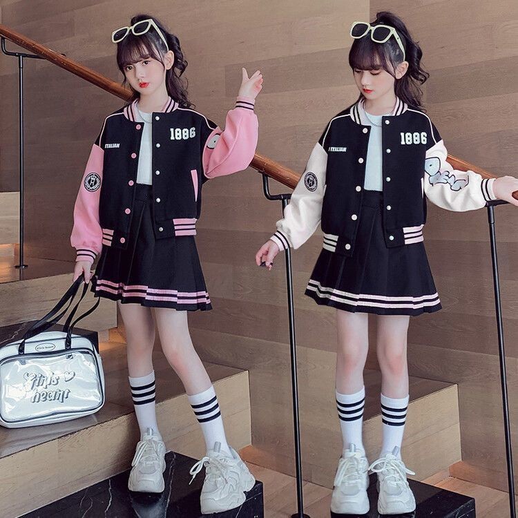 台灣熱銷 女大童套裝兩件套女童運動套裝春季2024新款洋氣女大童棒球服兒童秋裝學院風兩件套 萌伴優選