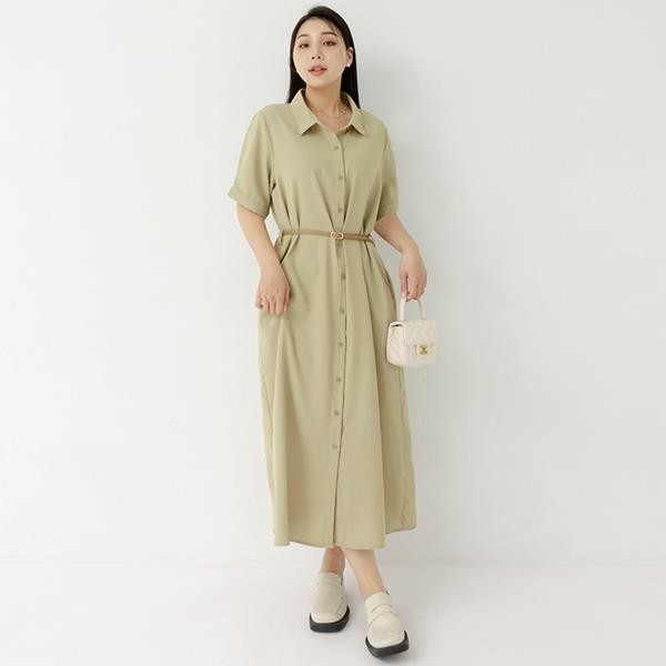 【PolyLulu】 MISS.粉嫩氣質歐膩排釦短袖洋裝(附皮帶) 中大尺碼洋裝 綠色