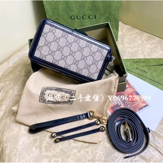 二手出售 GUCCI 古馳 Logo Mini 老花拼接皮革 盒子包 化妝包 肩背包 斜背包 614368