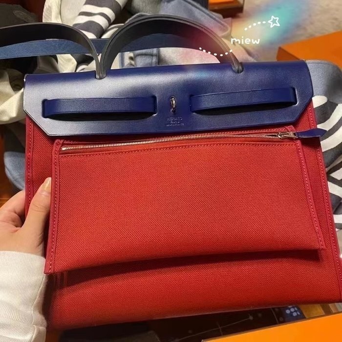 【二手99新】HERMES 愛馬仕 herbag31石榴紅 配 寶石藍 手提包 單肩包 女士時尚 側背包 肩背包 斜挎包