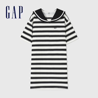Gap 女裝 Logo純棉翻領短袖洋裝-黑白條紋(465049)
