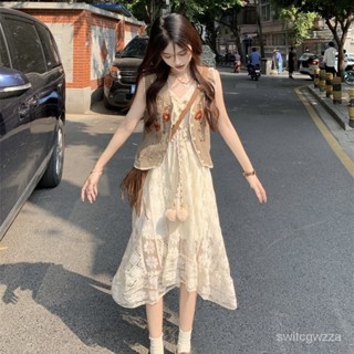 🔥虧本出🔥 民族風外搭開衫馬甲蕾絲網紗裙弔帶連衣裙子女兩件套裝夏季小個子 設計感 日係女裝 辣妹必備