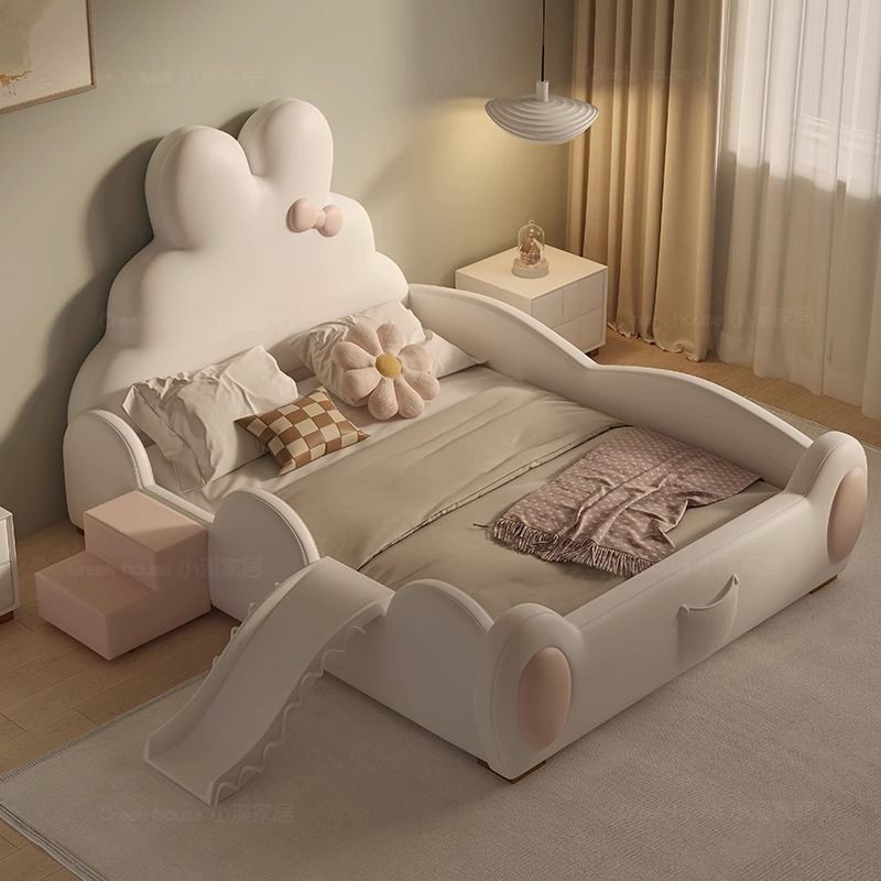 🌟熱銷新款🌟 床架組 組合床架 單人床架 床女孩兔子公主床奶油風現代簡約粉色皮床帶護欄儲物滑梯床床組床架 雙人床