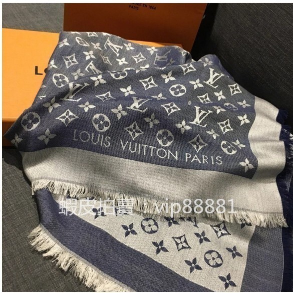 二手 LV LOUIS VUITTON MONOGRAM DENIM 披肩 提花 圍巾方巾 藍色 多色可選 M71376