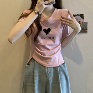 SY短袖上衣純棉ins風甜美短袖T恤女夏季不規則上衣純慾風設計感修身V領T恤正肩上衣短款上衣