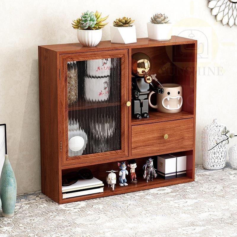 桌面置物架墻壁掛墻收納盒門抽屜實木質格子茶具長虹玻璃收納櫃