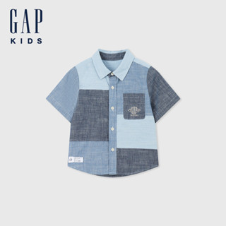 Gap 男幼童裝 Logo印花翻領短袖襯衫-藍色(465970)