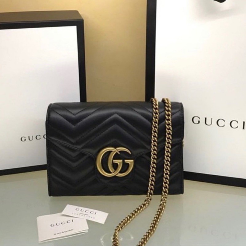 GUCCI GG Marmont ‎黑色 牛皮 肩背包 鍊條包 474575 DRW1T 1000