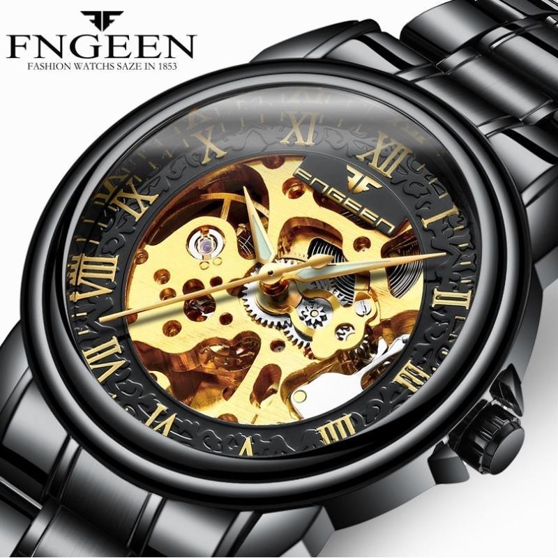 【台灣出貨】Fngeen 男士機械表鏤空錶盤黑色超薄防水夜光運動手錶 8866