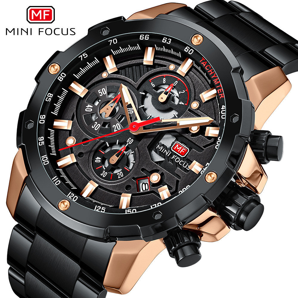 MINI FOCUS手錶 商務休閒男錶多功能防水石英錶鋼帶男手錶0401G