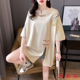 【M-5XL大尺碼】大碼女裝 新中式女裝 胖mm300斤中式女裝中國風大碼中長款T恤女夏季古典刺繡開叉上衣潮