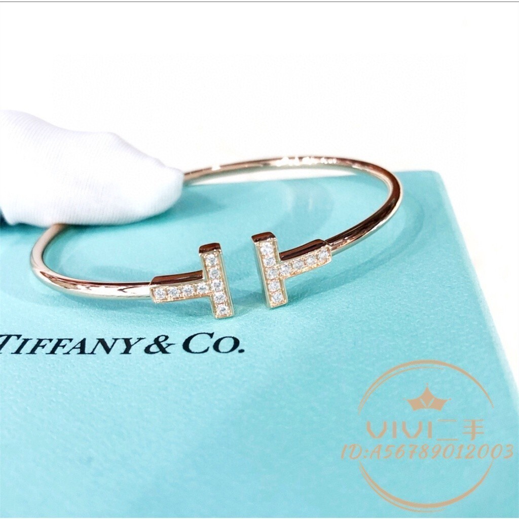 精品二手 Tiffany &amp; Co./ 蒂芙尼 鑲鑽 滿鑽 雙T手鐲 18K玫瑰金 手環 女士