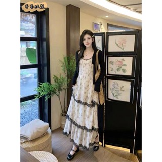 👚臺灣出貨👚-2024夏季新款法式碎花吊帶連衣裙子小個子氣質顯瘦蛋糕裙長裙套裝