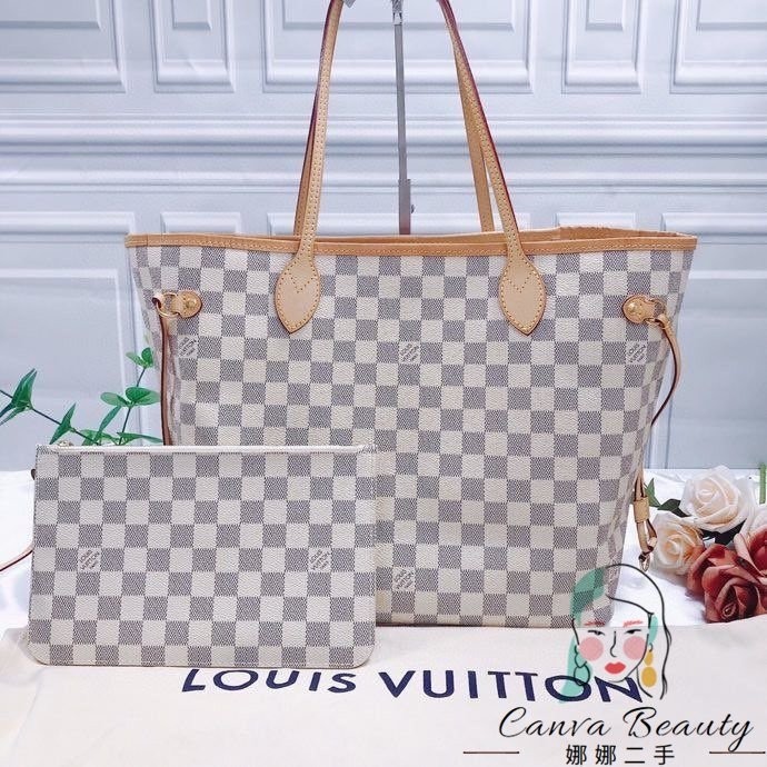 二手精品 LV 路易威登 NEVERFULL 白色 棋盤格 中號 子母包 購物袋 托特包 肩背包 手提包 N41361