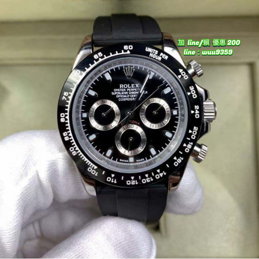 Rolex 勞力士 手錶 男士機械手表 三眼計時腕錶 銀黑色 橡膠錶帶 迪通拿系列 夜光防水手錶 手錶