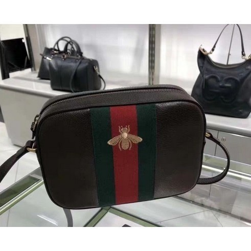 二手 Gucci 412008 crossbody leather bag 綠紅綠繡蜜蜂斜背包 深咖啡現貨