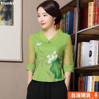 研覓推薦✈M5XL中國風女版唐裝旗袍上衣女短版夏季改良寬鬆棉麻媽媽上衣