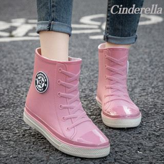 Cinderella 時尚中筒防寒保暖韓版加絨防水靴戶外學生水靴防水鞋 雨靴雨靴女 雨鞋雨鞋 時尚雨鞋雨靴 防滑雨鞋