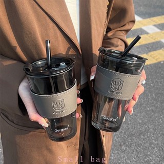 【小口袋】北極光帶蓋玻璃杯 ins風 吸管水杯 雙飲杯 直飲杯 早餐杯 咖啡杯 牛奶杯 果汁杯 水杯 吸管杯 450ml