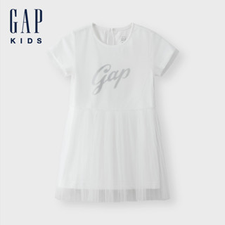 Gap 女幼童裝 Logo圓領短袖紗裙洋裝-白色(466787)