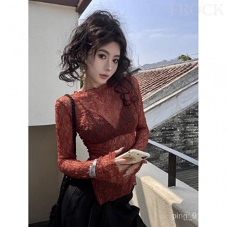 【FROCK】小性感鏤空蕾絲透視長袖T恤設計感修身彈性不規則上衣 防曬衣 內搭打底衫 性感上衣 長袖上衣
