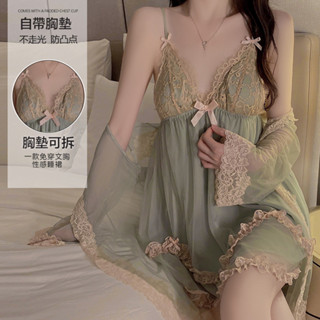 流行E線A7605 自帶胸墊性感睡衣 清新甜美居家睡衣 蕾絲深V性感情趣內衣 網紗浪漫性感睡袍外袍