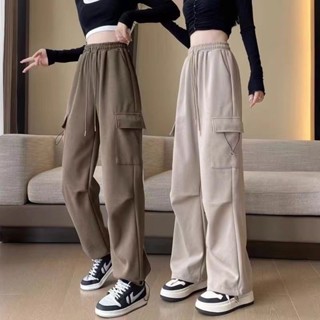 LW湯圓女裝-韓版小眾闊腿工裝褲女加絨加厚秋冬新款高腰顯瘦休閒直筒運動衛褲/長褲/休閒褲/ck